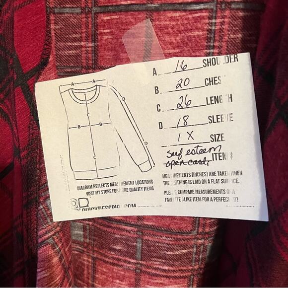 Self Esteem Open front blouse tied at bottom.  1x. Black/red plaid.  Cute top. - Picture 10 of 14